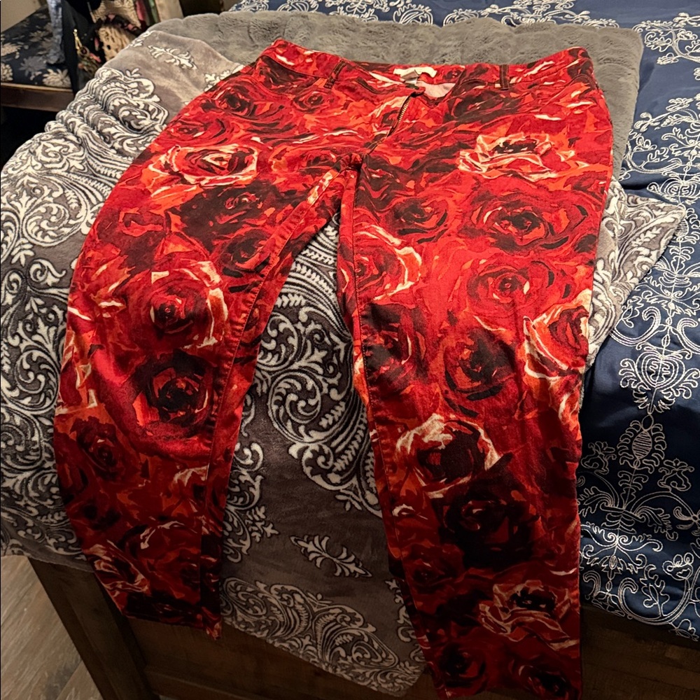 Chico's Red Rose Pattern Straight Leg Pants